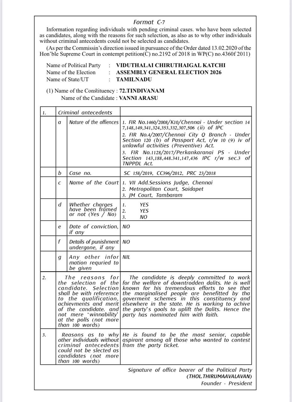 ECI Format C-7 Affidavit — Vanni Arasu, Tindivanam